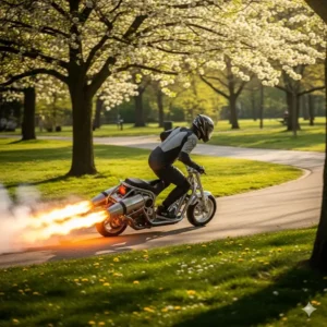 An exciting action shot of a person riding their rocket scooter in a park, with a trail of smoke behind them.