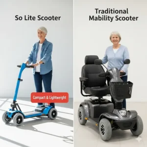A side-by-side comparison of the so lite scooter with a traditional mobility scooter, demonstrating its compact size and lightweight advantage.