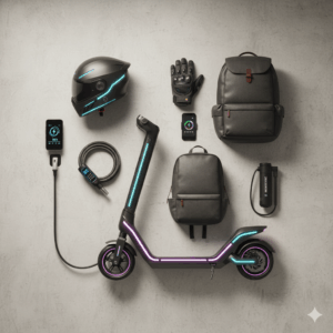 A collection of essential sonic scooter accessories, including a helmet, lock, and portable air pump, laid out on a clean surface.