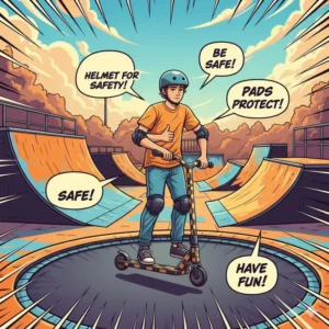 An illustration depicting the safe use of a tramp scooter, showing protective gear like a helmet and pads.