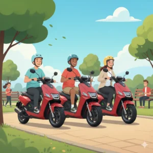 A group of friends enjoying a ride on their zoomer scooters together, depicting the social and recreational aspects of this personal mobility device.