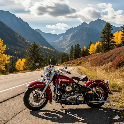 A classic Harley-Davidson motorcycle parked on a scenic road, embodying the spirit of freedom and adventure.