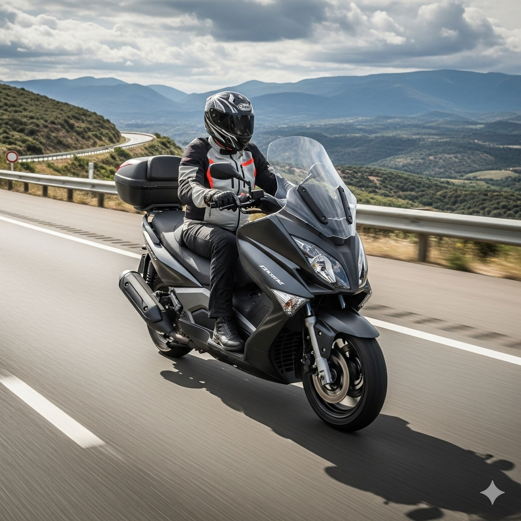 A rider enjoys a scenic long-distance journey on a powerful interstate scooter, showcasing its comfort and performance on an open highway.