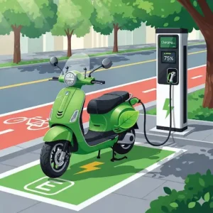 An illustration showing an eco-friendly green scooter plugged into a charging station, highlighting its electric power source.
