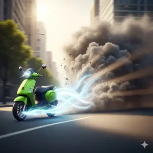 An artistic rendering of a green scooter riding past a cloud of smog, symbolizing its role in reducing air pollution.