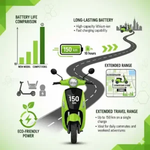  An infographic illustrating the long battery life and range of a new green scooter model.