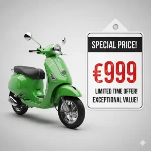 A green scooter displayed next to a price tag, emphasizing its affordability and value for consumers.