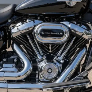 Close-up of a Harley-Davidson Fat Boy motorcycle's engine, showcasing its powerful design. Harley Motor Scooter