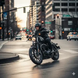 A rider on a Harley-Davidson Sportster navigating city streets, highlighting its agility.
