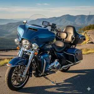 A fully-equipped Harley-Davidson touring motorcycle ready for a long road trip, with saddlebags and a comfortable seat.