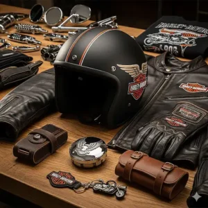 A selection of genuine Harley-Davidson motorcycle accessories and gear, including helmets and jackets.