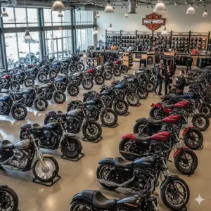  Interior of a Harley-Davidson dealership showroom, with various motorcycle models on display.