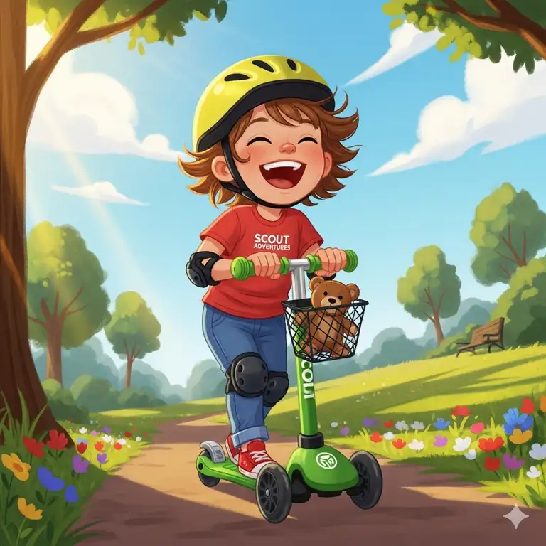 A scout scooter for kids, shown in a vibrant blue, with a child in a helmet riding it safely down a paved sidewalk.