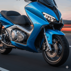 A close-up shot of a modern, high-speed interstate scooter, highlighting its powerful engine and aerodynamic design for highway travel.