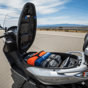 The ample under-seat storage of an interstate scooter, demonstrating its practicality for carrying luggage on long trips. 