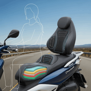 An illustration of the ergonomic seating and backrest of an interstate scooter, emphasizing its comfort for extended riding.