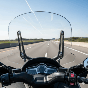 A detailed view of the large, adjustable windshield on an interstate scooter, which provides excellent wind protection at high speeds.