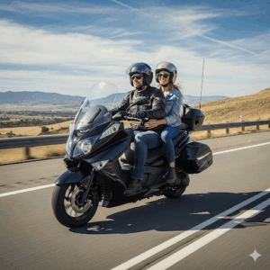 A couple riding comfortably on a two-person interstate scooter, illustrating its capacity and stability for tandem travel.
