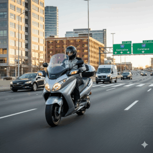 A powerful interstate scooter maneuvering smoothly through light traffic, highlighting its ease of handling and urban utility alongside its highway capabilities. 