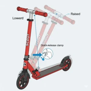  Close-up of a scout scooter's easy-to-use folding mechanism, highlighting its compact design for convenient storage.