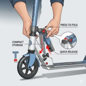  A side view of a parent carrying a scout scooter, emphasizing its lightweight frame and portability.