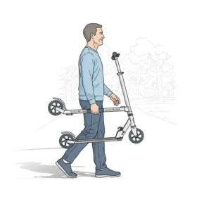  Detail shot of the non-slip deck and a wide rear brake on a scout scooter, showcasing key safety features for new riders.