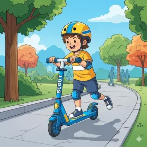 An illustration highlighting the durable, light-up LED wheels on a scout scooter as they roll along a path.
