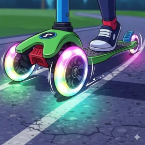  A young child laughing while riding their new scout scooter through a sunny park on a beautiful day