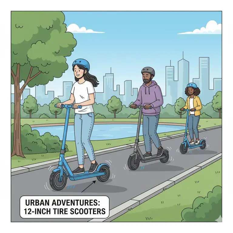 "An adult rider on a 12 inch tire electric scooter glides through a city park, showcasing the scooter's design and tire size."