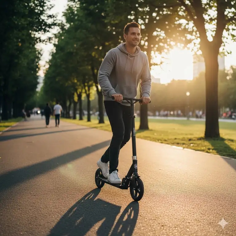 A person riding a sleek black 2 foot scooter on a paved path.