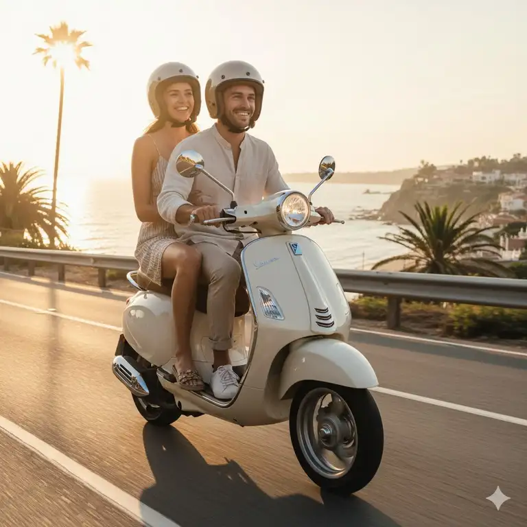 Couple riding a sleek, modern 2-seater scooter on a sunny coastal road.