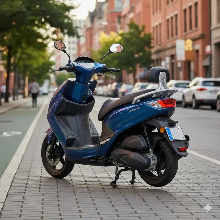 2 seater scooter street legal parked on a city street, ready for a ride.