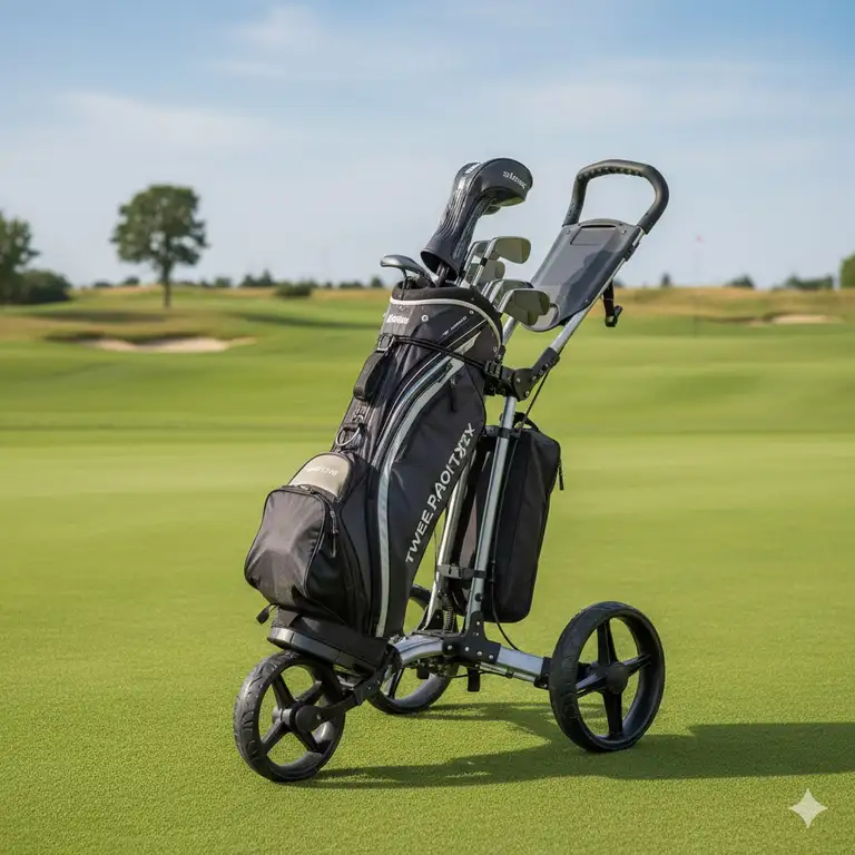 2 wheel golf buggy with a comfortable ergonomic handle and durable lightweight frame parked on a green at the golf course.
