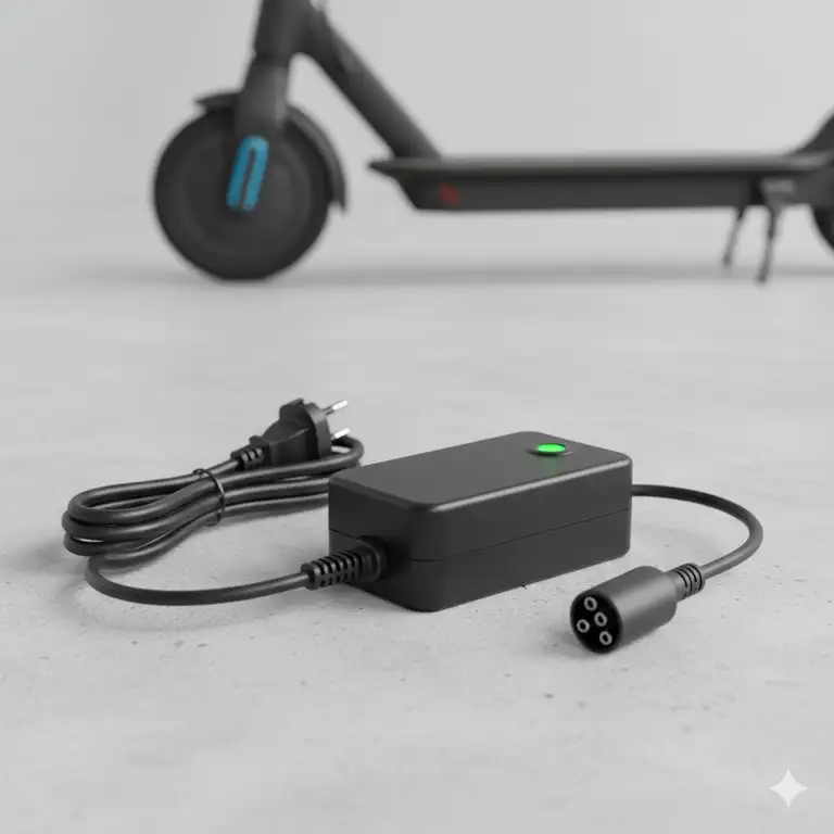 High-resolution image of a 3 prong scooter charger with LED indicator, designed for 24V or 36V electric scooters.