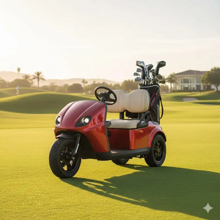 A sleek, red 3 wheel electric golf cart parked on a sunny course, highlighting its compact design and powerful LED headlights.