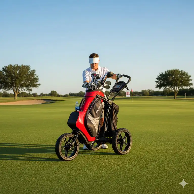 A bright red 3 wheel golf cart for sale parked on a green with a golfer placing clubs in the bag holder, ready for the next round.