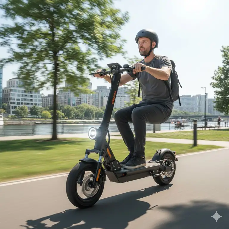 Rider enjoying a powerful 30 miles per hour electric scooter commute in the city.