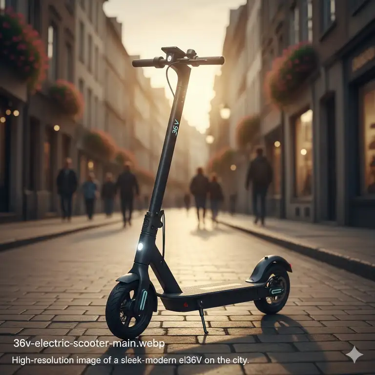 High-resolution image of a sleek, modern 36V electric scooter parked on a city street.