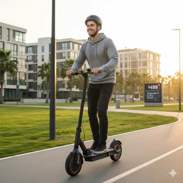 A rider cruising on a black and red electric scooter under 500 dollars in an urban setting.