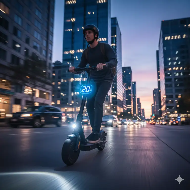 20 mph electric scooter being used for city commuting.