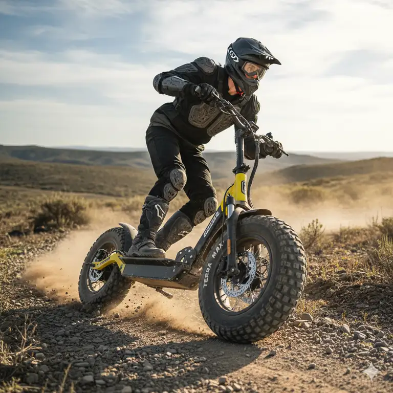 An electric scooter off road tires equipped with rugged tires confidently navigates a rocky, dirt trail, highlighting its all-terrain capability