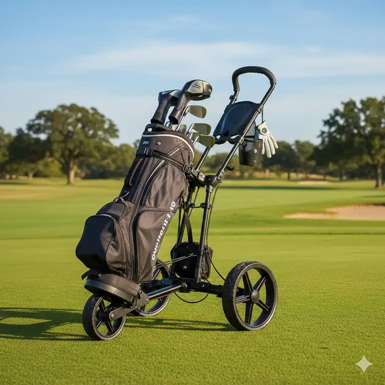 This is the main product image showing the 2 wheel golf push cart on the course.