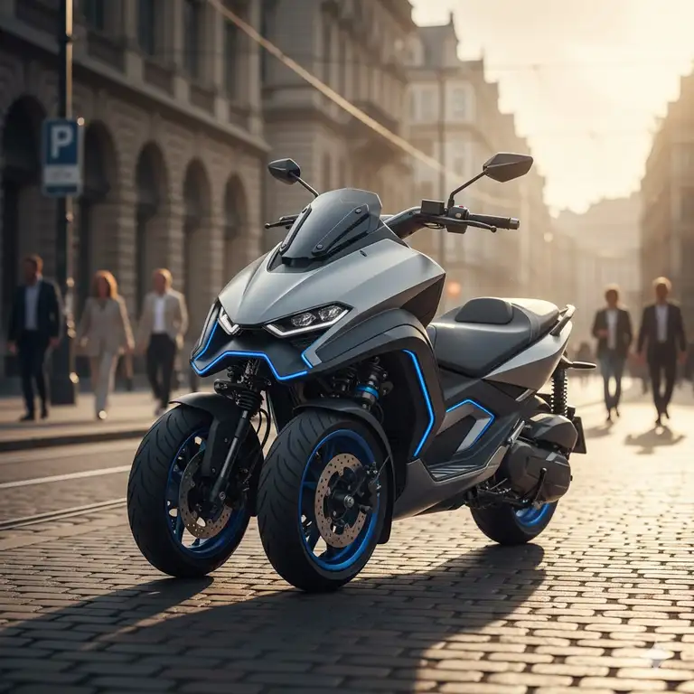 Scooter with two wheels in front parked on an urban street, highlighting its stable design.