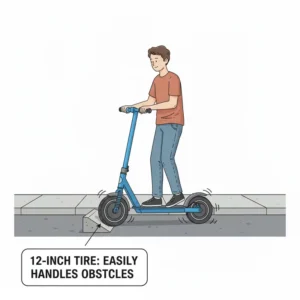 "Detailed illustration of a 12 inch tire electric scooter, emphasizing its robust tread for various terrains." 