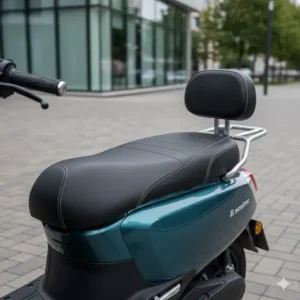 Close-up of the comfortable dual seat design on the back of the 2 seater electric scooter. 