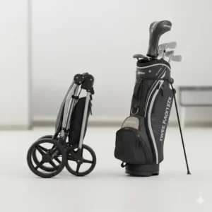 Compact 2 wheel golf buggy completely folded down for easy storage and transportation in a car trunk.