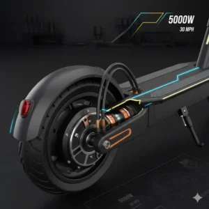 Close-up view of the high-performance motor on a 30 miles per hour electric scooter. 