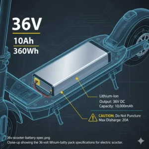 Close-up showing the 36-volt lithium-ion battery pack specifications for an electric scooter.
