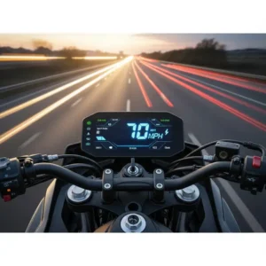 The digital dashboard of a high-performance vehicle displaying the 70 mph electric scooter for sale top speed capability.
