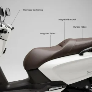 Ergonomic, padded seat design of a top-rated 2-seater scooter for maximum passenger comfort. 